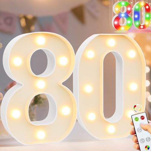 Pooqla 80th Birthday Decoration for Her Him, Decorative LED Light Up Numbers, Marquee Numbers 80 Sign for Party Backdrop 80th Wedding Anniversary Decor Gift, Warm White and Colorful Number 80 by Pooqla