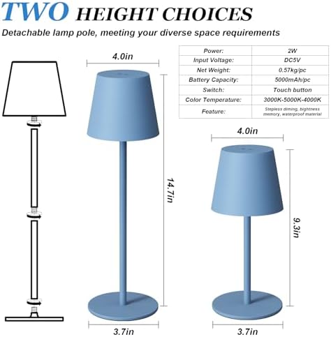 Kakanuo Cordless Table Lamp Rechargeable Blue - KK 2 Pack 5000mAH Battery Operated Lamp for Dining Table, 3 Color Stepless Dimming Wireless Lamp for Counter, Outdoor Patio, Touch Control - Image 3