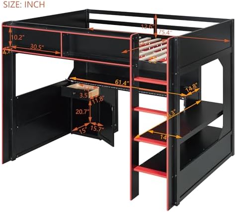 Merax Full Size Gaming Loft Bed with Integrated Desk and Lights, Black+Red - Image 3