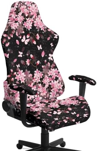 Butterfly Gaming Chair Cover with Armrest Covers Cherry Blossom Office Chair Seat Covers Stretchable Desk Chairs Slipcover for Home Decor, Office Furniture Protectors by Merkmak