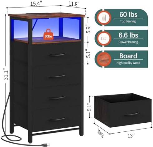 Yoobure Night Stand - LED Nightstand with Charging Station, Tall Nightstand for Bedroom, Bedside Table with 4 Fabric Storage Drawers and Storage Shelf, End Table with USB Ports and Outlets - Image 3