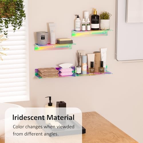 Sezanrpt 15 Inches Iridescent Acrylic Shelves, Wall Mounted Shelves for Bedroom, Wall Display Shelves for Collectibles, Funko Pop, Speaker, Plants, Space Saver, Wide Application, 4 Pack - Image 3