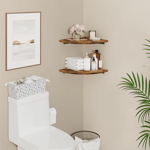 Homode Corner Shelf Wall Mount, 12 Inch Wood Floating Corner Shelves with Cord Hole, Set of 2 Large Corner Hanging Shelves for Bathroom Bedroom Kitchen, Rustic Brown - Image 2
