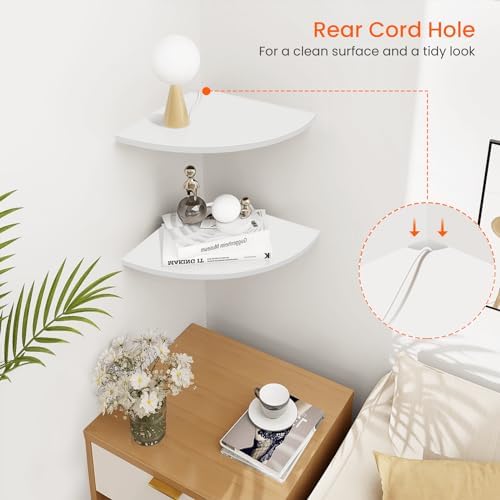 Homode Corner Wall Shelf, 12 in Wide Rounded Corner Shelf Floating, Set of 2 Wooden Hanging Corner Shelves with Wire Hole for Bathroom Living Room Office, White - Image 4