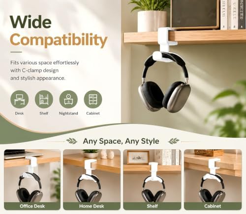 Headphone Holder for Desk, 360° Rotating Under Desk Headset Hanger with Adjustable Clamp, Space Saving Desk Headphone Stand for Gaming Setup, Office & Study, White - Image 5