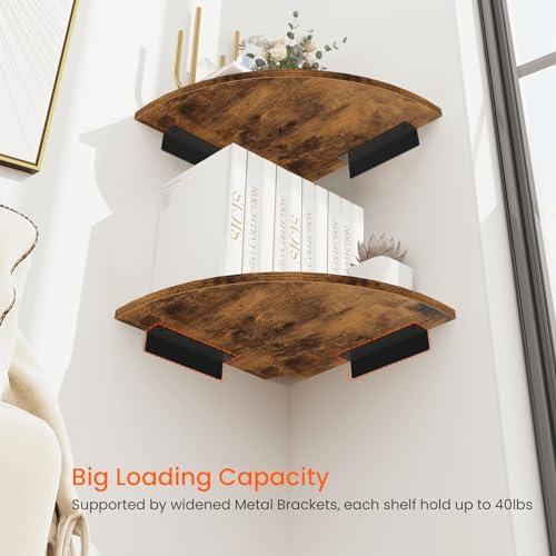 Homode Corner Shelf Wall Mount, 12 Inch Wood Floating Corner Shelves with Cord Hole, Set of 2 Large Corner Hanging Shelves for Bathroom Bedroom Kitchen, Rustic Brown - Image 5
