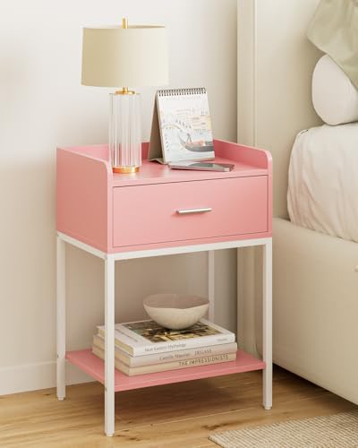 Masupu Nightstand,Bedside Table 3-Tier Modern Night Stand with Storage Drawer and Shelf,Small End Side Table for Bedroom,Living Room,Black (Without Outlet, Pink) by Masupu