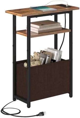 sthmec Narrow Side Table with Charging Station, Small End Table for Small Spaces, Skinny Nightstands with Storage Basket, 3 Tier Sofa Couch Bedside Tables for Living Room,Bedroom, Rustic Brown by Unknown