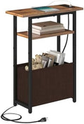 sthmec Narrow Side Table with Charging Station, Small End Table for Small Spaces, Skinny Nightstands with Storage Basket, 3 Tier Sofa Couch Bedside Tables for Living Room,Bedroom, Rustic Brown by Unknown