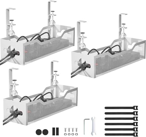 Under Desk Cable Management Tray 3 Pack, Cable Management Under Desk No Drill, Cable Organizer with Clamp for Wire Management, Cord Organizer for Office, Home - No Damage to Table (White) by Litwaro