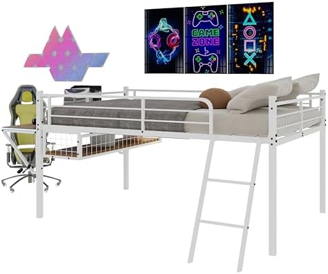 Bellemave Full Loft Bed with Desk, Gaming mid loft Bed with Desk, LED for Adults, Teens, Kids, White - Image 6