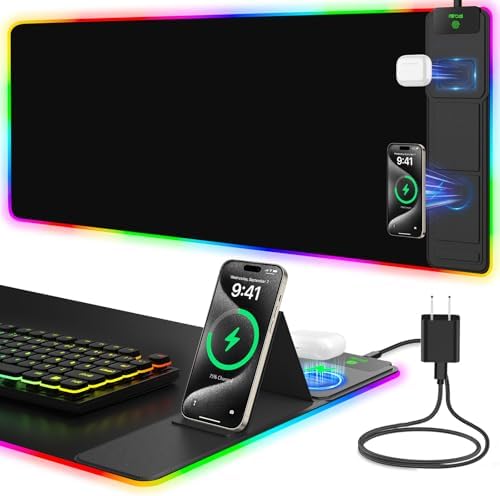 Mouse Pad with Foldable Phone Holder & Wireless Charger, XXL RGB Gaming Mousepad 31.5"x15.8" Large Desk Mat for Keyboard, Black Desk Pad with Dual Qi Charging Station | 11 Colors 5 Modes | Waterproof by miroddi
