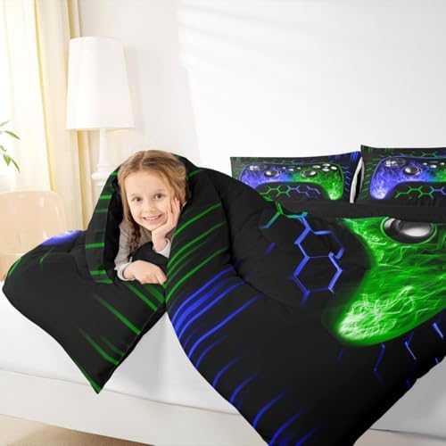 Erosebridal Honeycomb Gaming Boys Comforter Set Blue Green Neon Lights Game Console King Bedding Set Ombre Art Geometric Hexagon Beehive Duvet Set Gamer Room Decor for Boys - Image 4