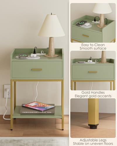 Masupu Nightstand with Charging Station,3-Tier Modern Bedside Night Stand with Storage Drawer and Shelf,Small End Side Table for Bedroom,Living Room,Gold and Green - Image 7