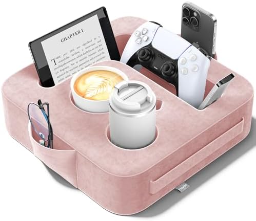 Couch Cup Holder Pillow, Sofa and Bed Caddy for iPad, Kindle, Switch, Game Controller, Remotes, Phones, Small-Sized Cup & Drink Holder for Couch, Bed, Desk, Car, Beach, Bathroom Cup Holder, Pink by Unknown
