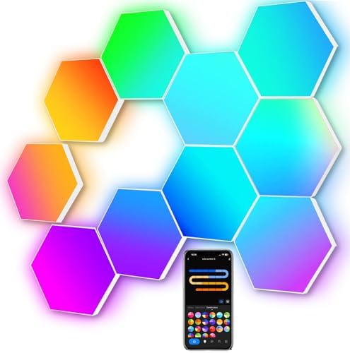 Large Hexagon LED Lights for Bedroom, Smart Home Gaming LED Wall Lights RGB-IC Gaming Room Decor Work with Alexa Google Assistant, Voice/App Control, Music Sync, DIY Modular Light Panels, 10 Pack by Amailtom