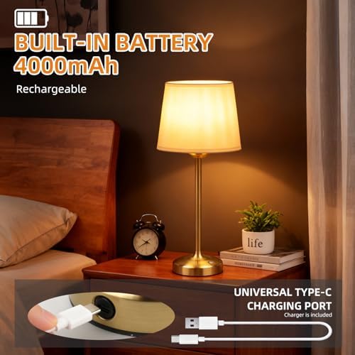 Deogos Cordless Table Lamp Gold with Dimmer, 4000mAH Battery Operated Lamp Rechargeable, 3 Color Temperature Touch Control Fabric Desk Light for Dining Room, Bedroom, Bar, Patio, Counter, Restaurant - Image 2