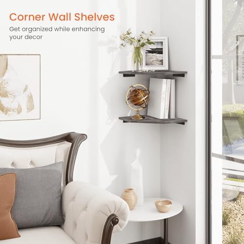 Homode Corner Shelf Wall Mount, Set of 2 Corner Floating Shelves with Cord Hole for TV, Cable Box, Wood Hanging Storage Shelf Organizer for Bathroom Kitchen Living Room Bedroom, Rustic Grey - Image 4
