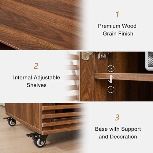 LEVNARY 5-Tier AV Media Cabinet with Grille Door & Adjustable Shelves, Modern Wooden Stereo Rack with Cable Management & Wheels, Audio Video Stand for Living Gaming Room Recording Studio (Walnut) - Image 5