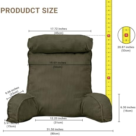 Reading Pillow for Bed with Detachable Neck Roll and Shredded Memory Foam, Back Pillow with Arms for Sitting Up, Washable Bed Rest Pillow with Side Pocket for Gaming, Sofa, Dorm - Green - Image 2
