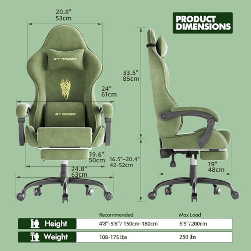 Ferghana Velvet Fabric Gaming Chair, High Back Ergonomic Gamer Chair for Adult, Comfortable Video Game Chair with Footrest and Massage Lumbar Cushion, Racing Reclining Office Computer Desk Chair Green - Image 3