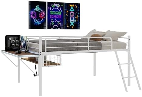 Bellemave Full Loft Bed with Desk, Gaming mid loft Bed with Desk, LED for Adults, Teens, Kids, White - Image 5