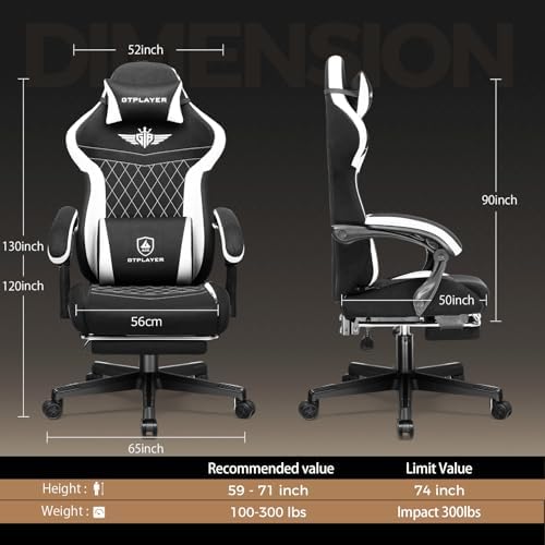 GTPLAYER Gaming Chair with Footrest, Big and Tall Game Chair High Back Computer Office Chair with Lumbar Support for Adults, Ergonomic Swivel Games Chair with Cushion Gaming, Fabric Black - Image 2