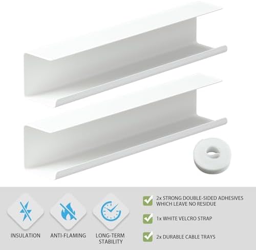 2 Pack No-Screw Cable Management Under Desk, Self-Adhesive Cord Organizer, Wire Management Tray for Office and Home (White) - Image 2