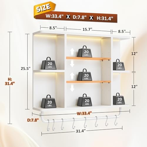 REIBII Floating Shelves with LED Lights, 7-Tier Wood Shelf, Wall Mounted Display Shelves with 8 S-Hooks, Wall Shelf for Kitchen, Bedroom, Bathroom, Office, Plants, White - Image 2
