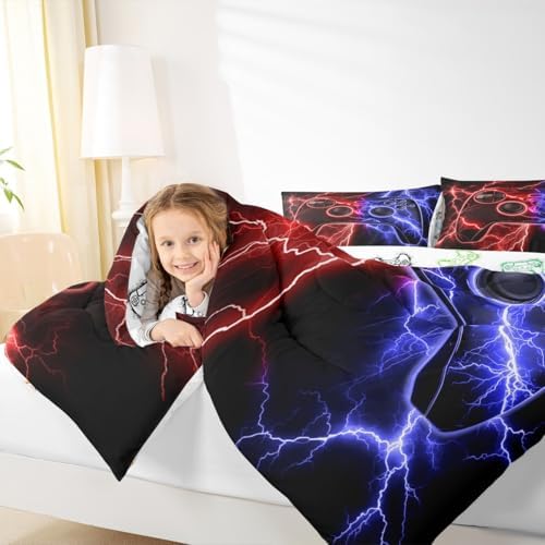 Erosebridal Gaming Comforter Set Gamer Girl Toddler Bedding Set, Video Game Consoles Comforter Red Blue Lightning Quilt,Gaming Decor for Boys Bedroom - Image 5