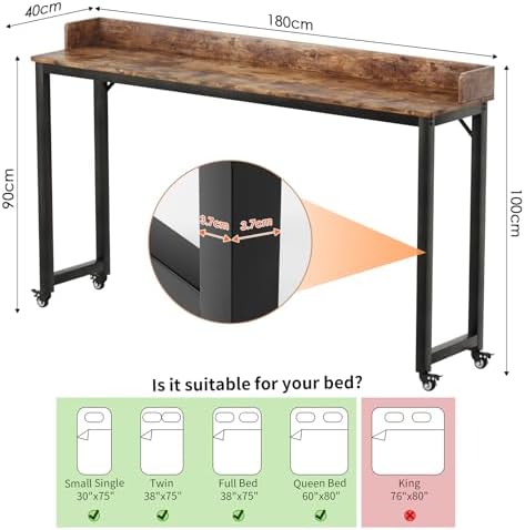 Arlopu Overbed Table with 360° Wheels, Queen Size Mobile Bed Desk, Brown - Image 2