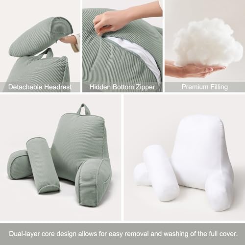 Corduroy Reading Pillow for Sitting Up, Bed Rest Pillow with Arms, Detachable Headrest, Side Pockets & Washable Cover, Back Support for Sofa Couch Relaxing, Grey Green - Image 6