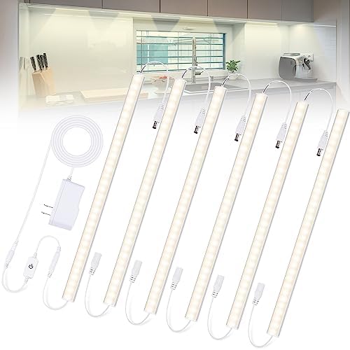 Plug-in Under Cabinet Lights Daylight White 4000K, Dimmable LED Under Cabinet Lighting, 6PCS x 12 Inch Under-Counter Light Fixtures with Memory Function, Under Counter LED Lights for Kitchen by Jusjubr