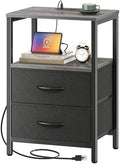Huuger Nightstand with Charging Station, Side Table with Fabric Drawers, End Table with Open Shelf, Bedside Table with USB Ports and Outlets, Night Stand for Bedroom, Charcoal Gray by Huuger