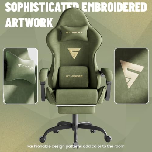 Ferghana Ergonomic Velvet Gaming Chair with Massage, Footrest & Reclining High Back, Racing Style Computer Desk Chair for Adults, Home Office Use, Green - Image 4
