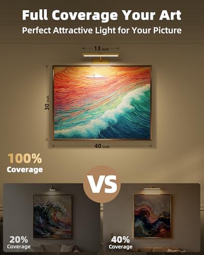 EZVALO Picture Light for Wall, 4800mAh Rechargeable Wireless Remote, 13'' Dimmable Magnetic LED Art Display Light with 3 Color Temperatures, for Gallery, Living Room, Bedroom, Hallway (Gold) - Image 2