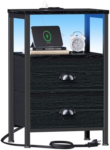 Furologee Night Stand with LED Light, Charging Station, 2 Drawer, Black Oak - Image 4