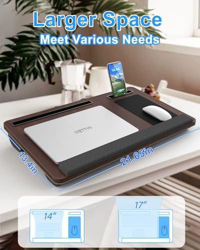 HETTHI Laptop Lap Desk, Portable Large Laptop Desk for Bed, Up to 17 in Lap Table with Wrist Rest, Mouse Pad, Tablet Phone Slot, Portable Handle, Lap Tray with Cushion (Dark Brown) - Image 2