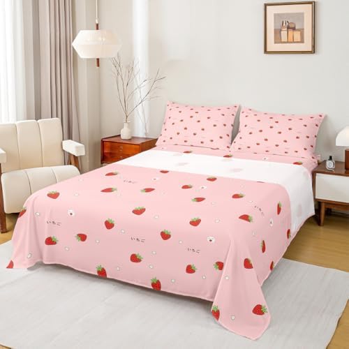 Girls Strawberry Bed Sheets Twin Kawaii Strawberry Sheet Set For Kids Room Decor Japanese Style Pink Cute Cartoon Fruit Food Theme Fitted Sheet Girly White Floral Flat Sheet With Deep Pocket - Image 3