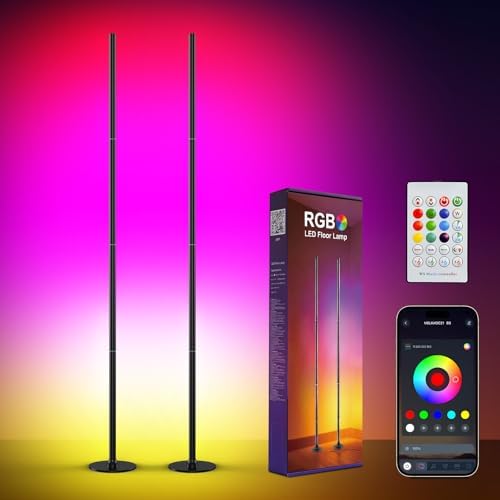 Smart RGBICW LED Corner Floor Lamp 2 Pack, App & Remote Control, 16 Million DIY Colors, Music Sync, Modern Color-Changing Ambient Lighting Standing Lamp for Living Room, Bedroom, Gaming Rooms by Unknown