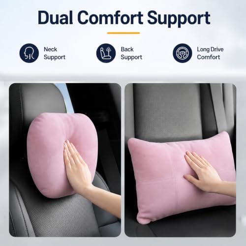 2 PCS Car Pillow for Driving Seat Soft Suede Headrest Neck & Lumbar Support | Universal Fit,Pain Fatigue Relief,Comfortable Plush,Elastic Adjustable Strap,Travel Sleep,Breathable Machine Washable Cover - Image 2