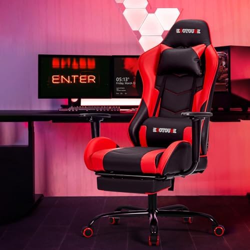 ECOTOUGE Red Ergonomic PC Massage Gaming Chair with Footrest | Reclining Racing PU Leather, Swivel Rocker, Headrest, Lumbar Pillow, Office Desk Chair, Adjustable Height, Sturdy Base - Image 2