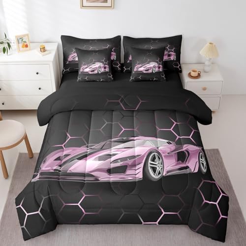 Feelyou Race Car Queen Comforter Set with Sheets for Kids Boys Girls Honeycomb Speed Sports Car Bed in a Bag Pink Extreme Sports Bedding Set 7 Piece Bedroom Decor Hexagon Theme Bed Set - Image 3