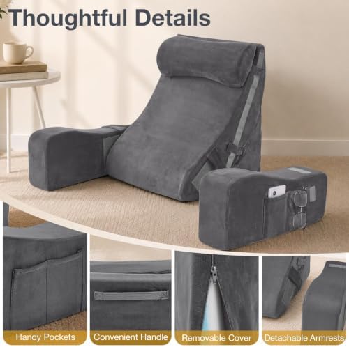 Sasttie 15-25 inch Adjustable Reading Pillow with Armrests, Dark Grey - Image 4