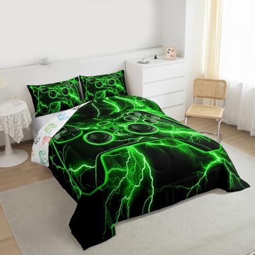 Erosebridal Gamer Comforter Set Gaming Twin Bedding Sets for Girls, Video Game Console Comforter Green Lightning Quilt,Boys Bedroom Decor - Image 2