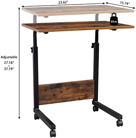 TV Tray Bed Side Table, Portable Rolling Desk Hospital Bed Laptop Table, Small Standing Desk with Wheels Adjustable Height for Sofa, Bedside, Tablet Use, Secure Non Tilt, 23.6" W, Brown - Image 3