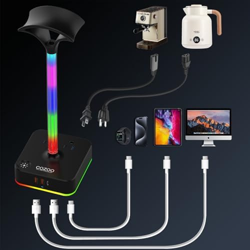 cozoo RGB Headphone Stand with Charger 3 USB Ports and 2 AC Outlets,2 USB-A 1 Type C,Desk Gaming Headset Holder with 9 Light Modes,PC Gaming Desk Accessories,Gamer Gifts,RGB Gaming Stuff Headset Stand - Image 5