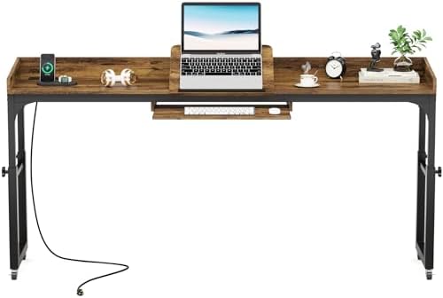 LITTLE TREE Overbed Table with Wheels Adjustable Height, Rolling Table with Outlets & USB Ports for Queen Bed, Giant Adjustable Over the Bed Desk with Tilt Stand, Brown - Image 4