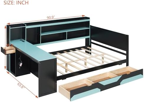 Merax Full Size Gaming Daybed with Integrated Desk and Lights, Wooden Platform Bed Frame with 3 Storage Drawers and Built-in Charging Station, Multi-Functional Headboard Shelves, No Box Spring Needed - Image 2