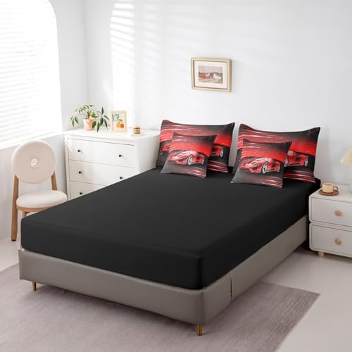Feelyou Red Race Car Bedding Set 7 Piece Boys Girls Speed Sports Car King Comforter Set with Sheets for Kids Extreme Sports Bed in a Bag Lighting Honeycomb Theme Bed Set Room Decor - Image 5